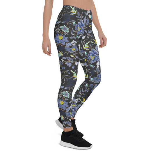 Oriental Floral Leggings on Dark Gray Background