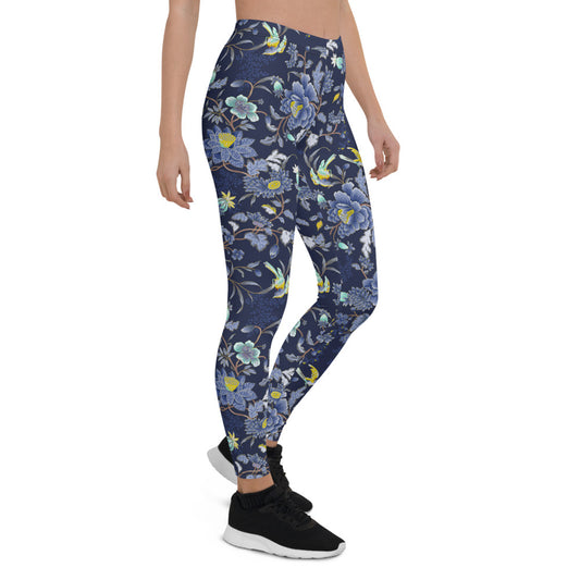 Oriental Floral Leggings on Navy Blue Background