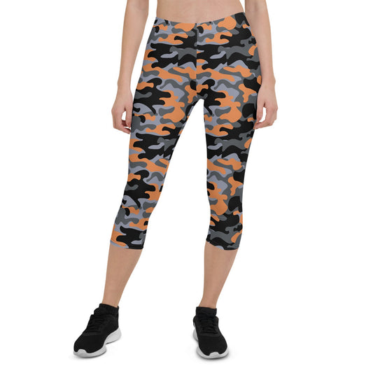 Orange and Gray Camo Capri Leggings for Women