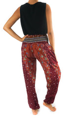 Burgundy PEACOCK Women Boho Pants Hippie Pants Yoga Pants