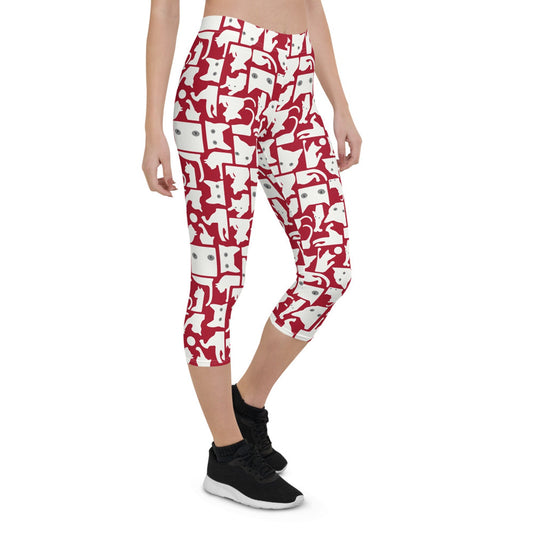 White Cat Silhouette on Red Capri Leggings