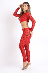 Lettering Printed Cutout Double O-Ring Mesh Sexy Jumpsuit RED