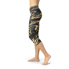 Womens Black Marble w/ Gold Splash Capri Leggings