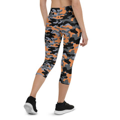 Orange and Gray Camo Capri Leggings for Women