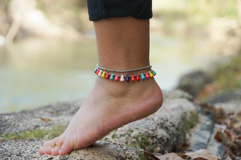 Fancy Teardrop Bead Boho Silver Anklet