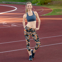 Orange and Gray Camo Capri Leggings for Women