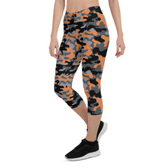 Orange and Gray Camo Capri Leggings for Women