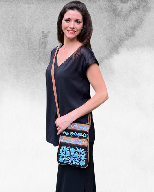 Blue And Black Suede Embroidered Cross-Body Bag