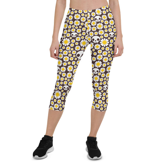 Daisies and Skulls Capri Leggings for Women