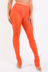 Casual Ruched Mesh Elastic Waist Sexy Leggings Slit Hem ORANGE