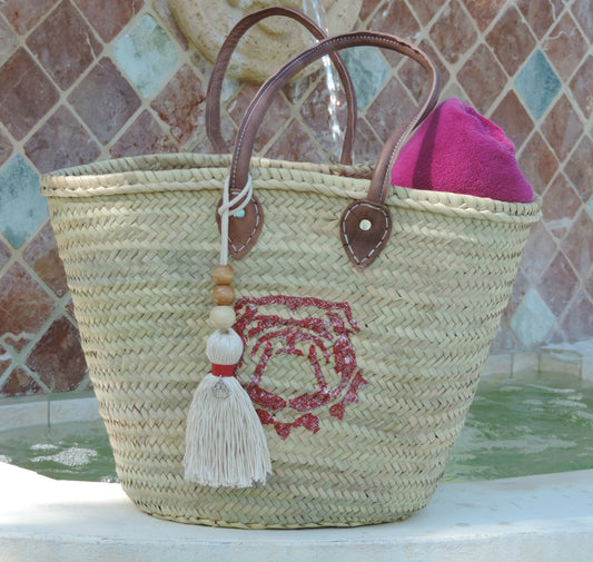 Straw Bag with Hand-Painted Red Bulldog