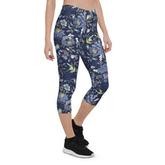 Oriental Floral Capri Leggings on Navy Blue