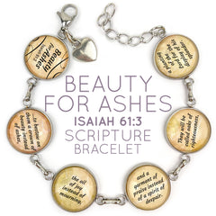 "Beauty for Ashes" Isaiah 61:3 Scripture Bracelet – Glass Charm