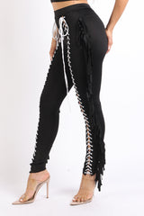 Chic Lace up Detailed Fringe Tassel Pants Leggings BLACK