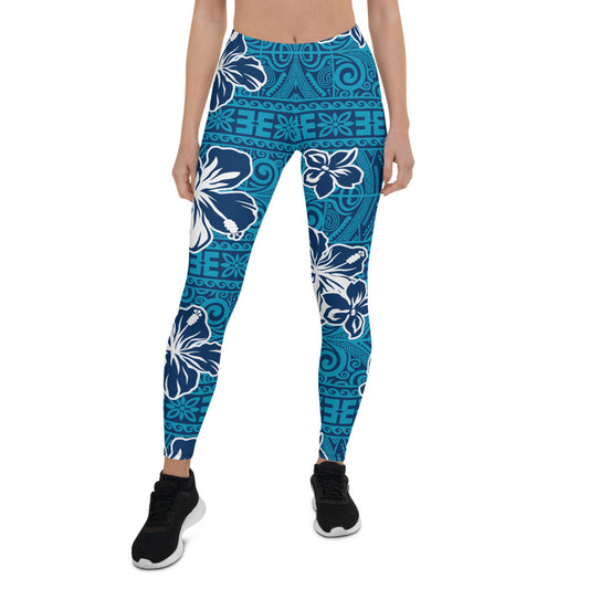 Womens Hawaii Hibiscus Blue Floral Leggings