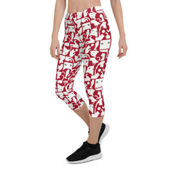 White Cat Silhouette on Red Capri Leggings