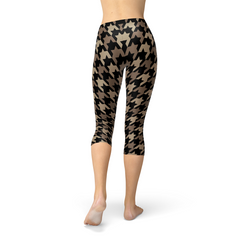 Womens Beige Brown Houndstooth Capri Leggings