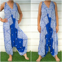 Blue Floral Hippie Jumpsuits, Boho Rompers, Festival Clothing