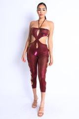 Glittery Cutout Halter Neck Keyhole Sexy Party Jumpsuit FUCHSIA/GOLD