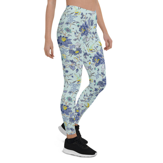 Oriental Floral Leggings on Light Blue Background