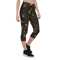 Art Deco Peacock Feather Black Capri Leggings