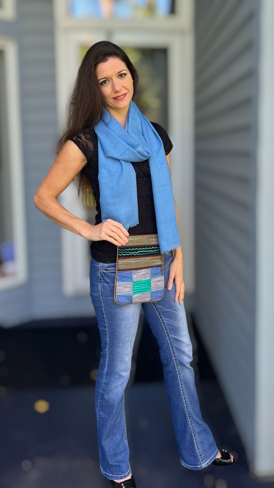 Handmade Blue and Green Suede Cross Body Bag