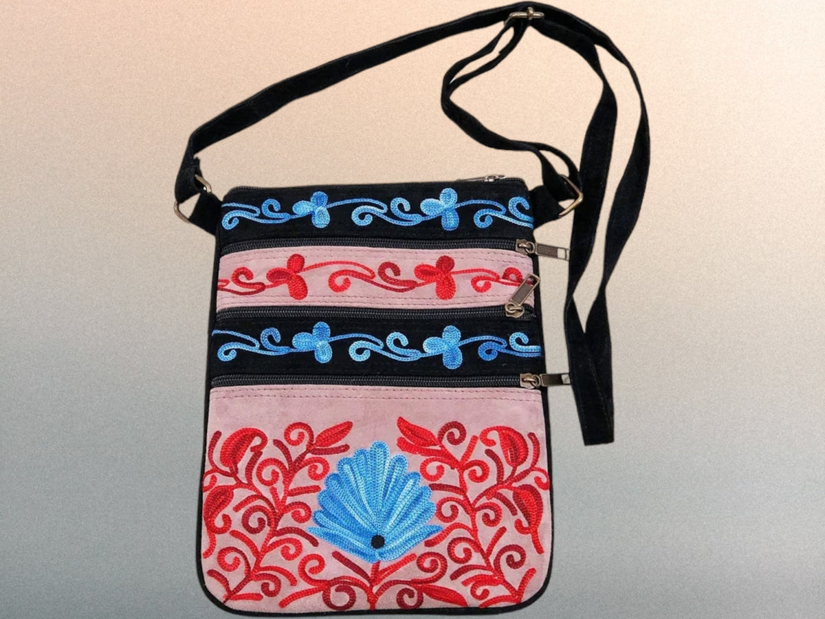 Suede Embroidered Peach Five Zipper Crossbody Bag