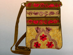 Beige And Red Suede Embroidered Crossbody Bag