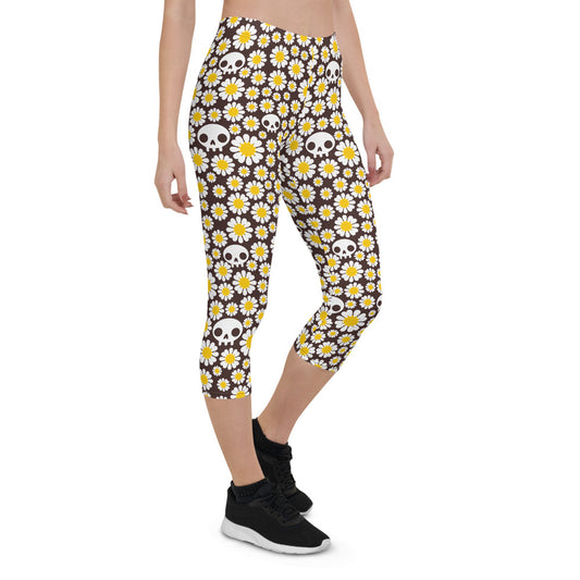 Daisies and Skulls Capri Leggings for Women