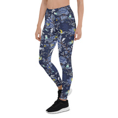 Oriental Floral Leggings on Navy Blue Background