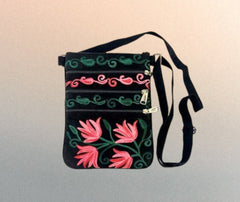 Suede Embroidered Five Zipper Cross-Body Bag