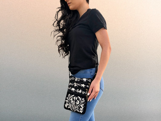 Suede Embroidered Gray and Black Five Zipper Crossbody Bag