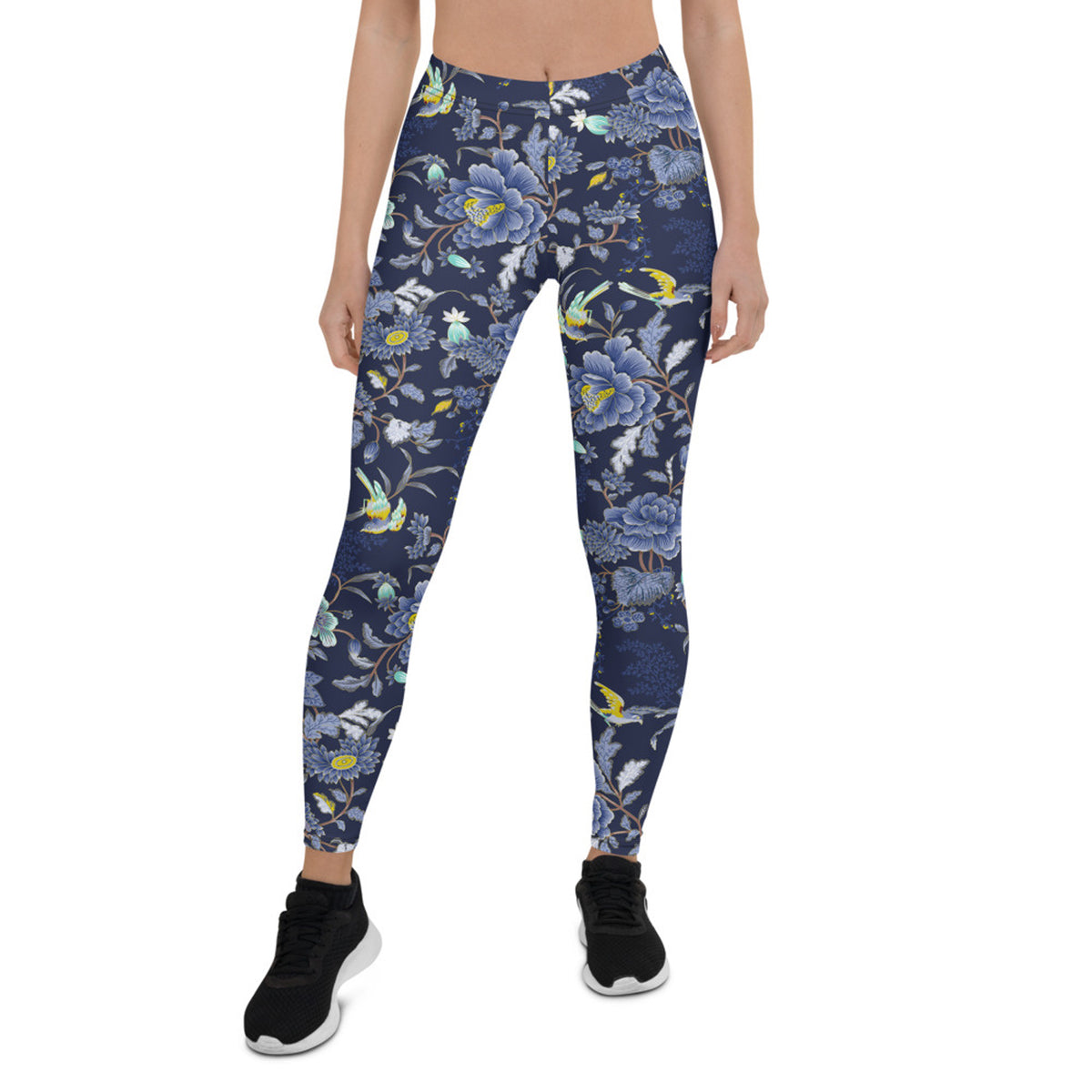 Oriental Floral Leggings on Navy Blue Background