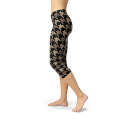 Womens Beige Brown Houndstooth Capri Leggings