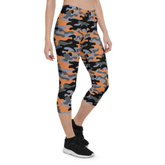 Orange and Gray Camo Capri Leggings for Women