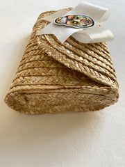 Rattan Straw Clutch with White Satin Bow & Sugar Skull