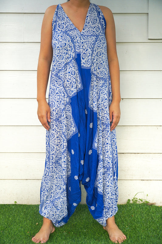 Blue Floral Hippie Jumpsuits, Boho Rompers, Festival Clothing