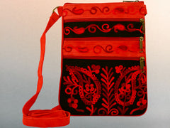 Suede Embroidered Black and Red Five Zipper Crossbody Bag