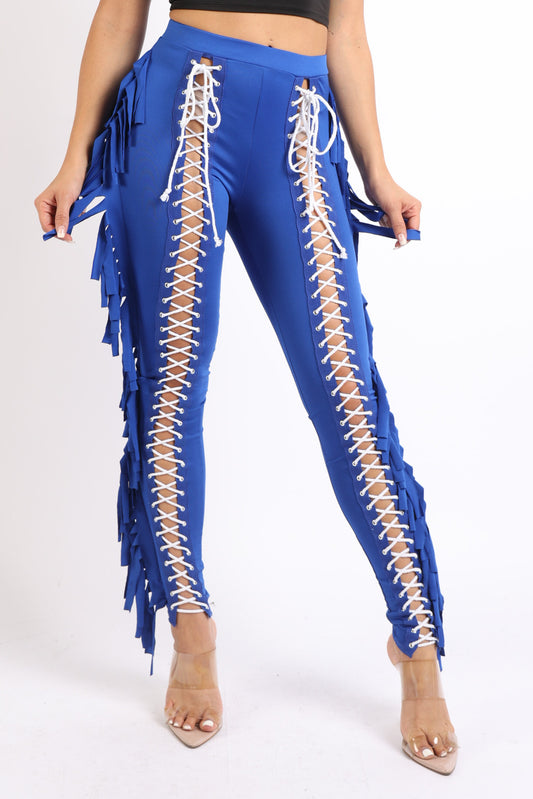 Chic Lace up Detailed Fringe Tassel Pants Leggings ROYAL