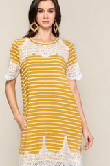 Striped Round Neck Lace Detail Mustard Dress