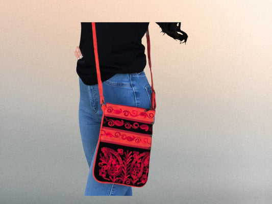 Suede Embroidered Black and Red Five Zipper Crossbody Bag