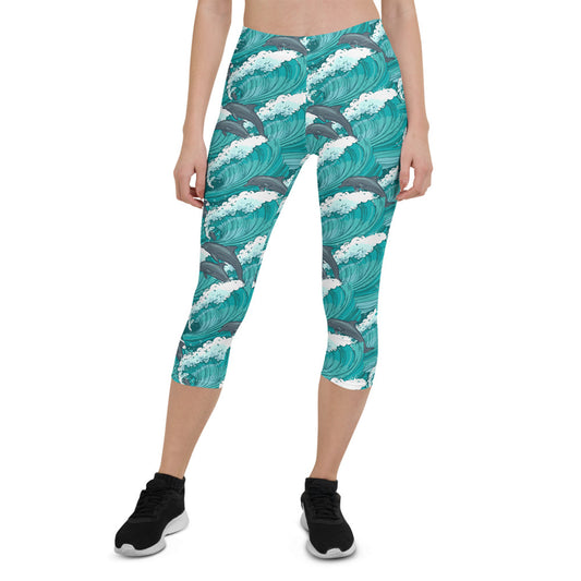 Womens Dolphin and Waves Capri Leggings