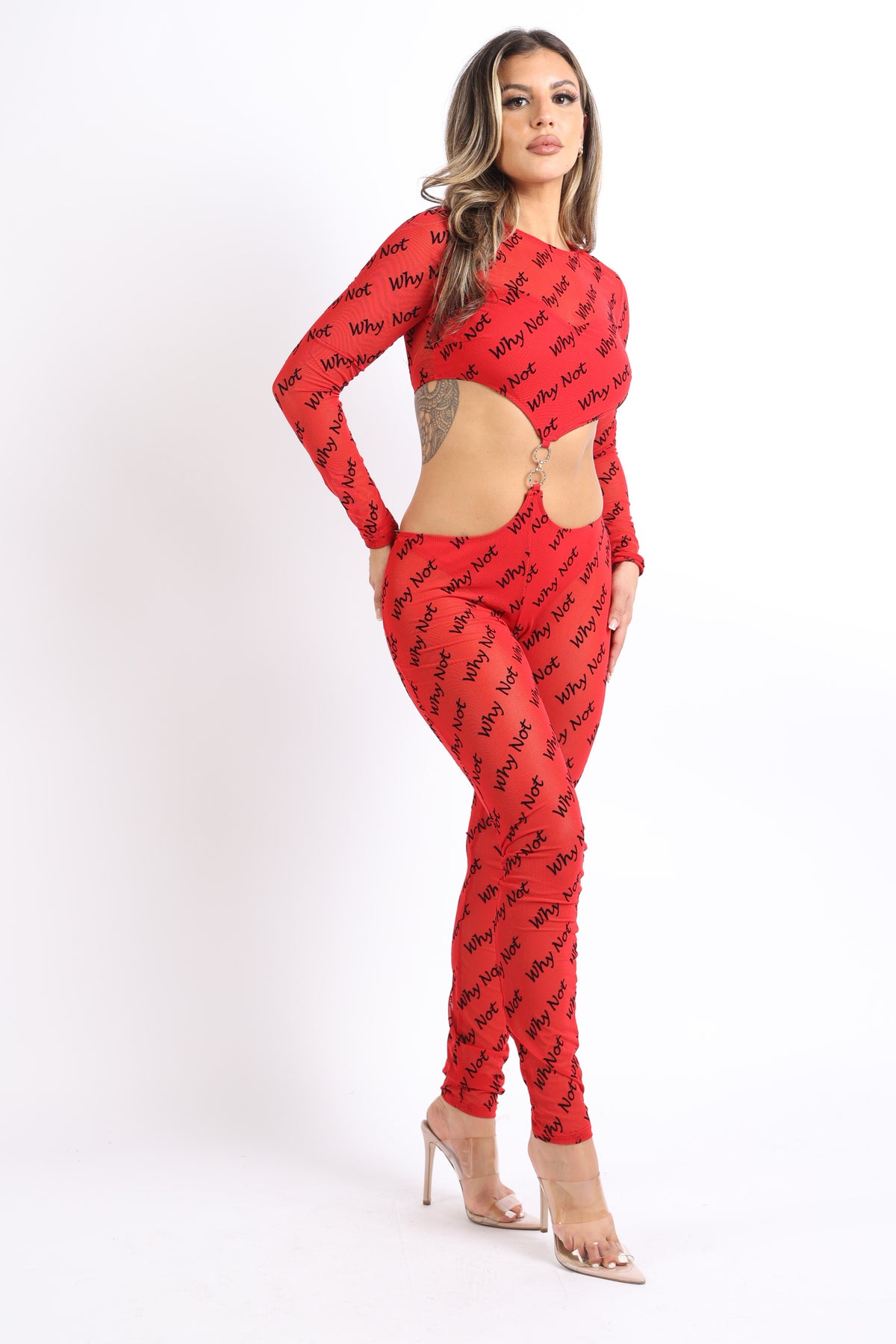 Lettering Printed Cutout Double O-Ring Mesh Sexy Jumpsuit RED