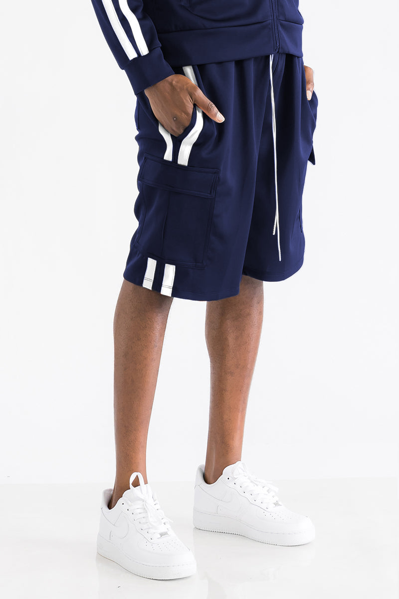 TWO STRIPE CARGO POCKET TRACK SHORTS