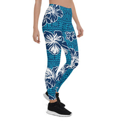 Womens Hawaii Hibiscus Blue Floral Leggings