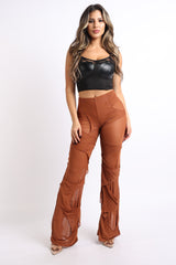 Bell Bottom Yoga Layered Mesh Flared Leg Pants Leggings Mocha S M L