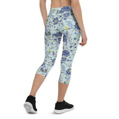 Oriental Floral Capri Leggings on Light Blue