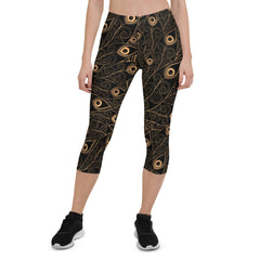 Art Deco Peacock Feather Black Capri Leggings