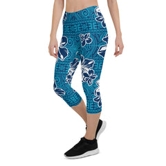 Womens Hawaii Hibiscus Blue Floral Capri Leggings