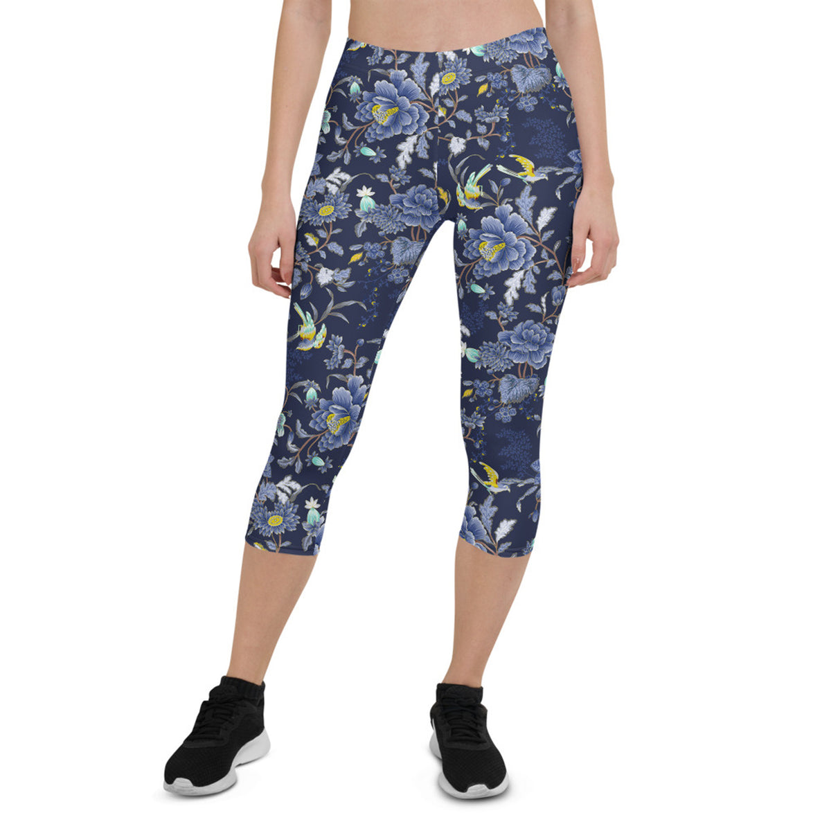 Oriental Floral Capri Leggings on Navy Blue